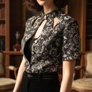 VTG Black/ Silver Mandarin Collar Keyhole Vampire Whimsigoth Victorian Top S